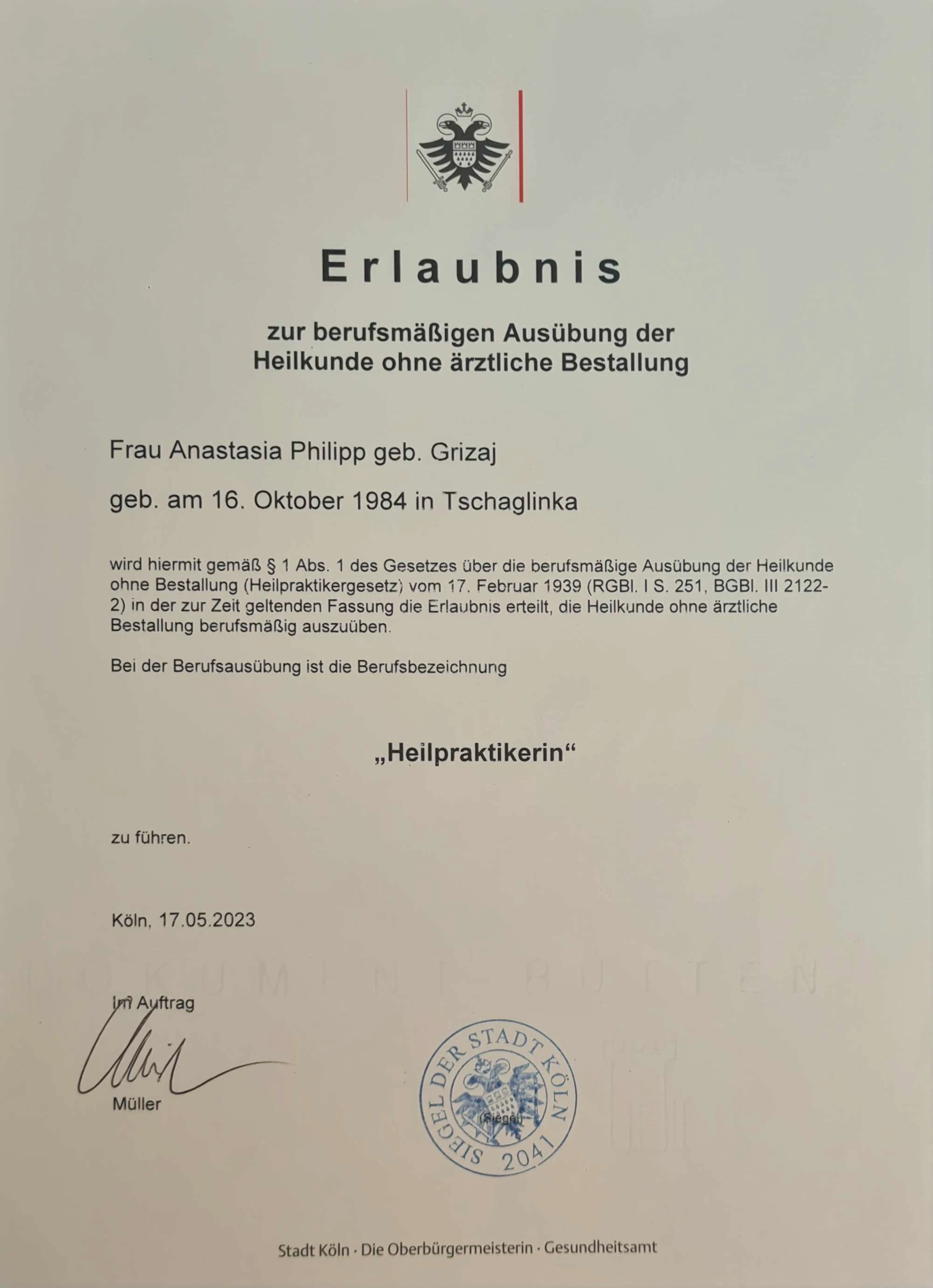 Erlaubnis zur berufsmäßigen Ausübung der Heilkunde